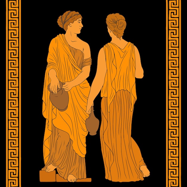 Duas jovens esbeltas mulheres gregas antigas de túnica com jarros estão de pé e conversando