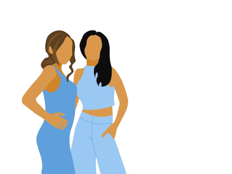 Vetor duas jovens mulheres ou meninas estão juntas ilustração em vetor de cor plana
