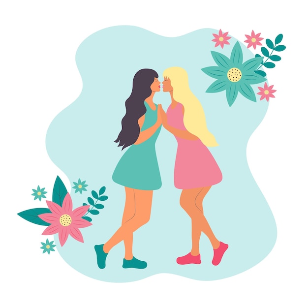 Duas lindas namoradas beijando lésbicas e flores ao redor delas meninas lgbt