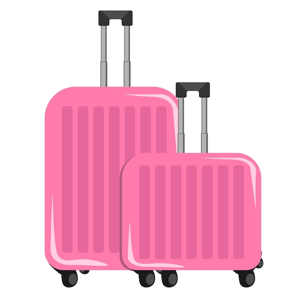 duas malas de plástico rosa em um fundo branco viajam de férias