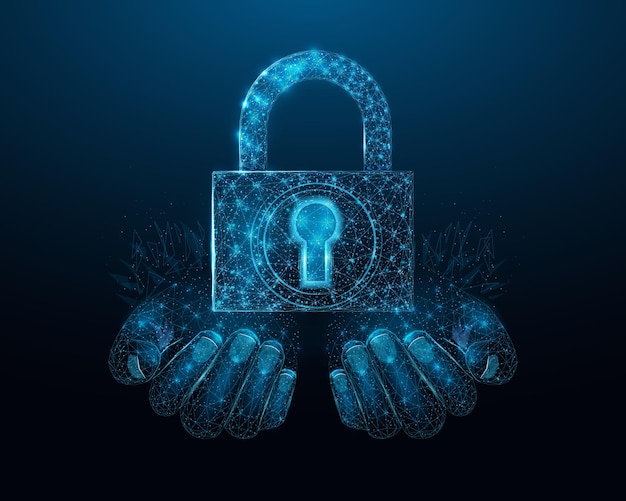 Duas mãos humanas seguram o cadeado Wireframe brilhante bloqueio poli baixo Conceito de ideia de negócio de rede de tecnologia da Internet Design em fundo azul escuro Ilustração vetorial futurista abstrata