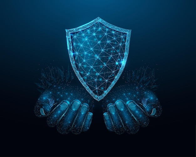 Duas mãos humanas seguram um escudo wireframe brilhando baixo poli protetor design em um fundo azul ilustração futurística abstrata do vetor
