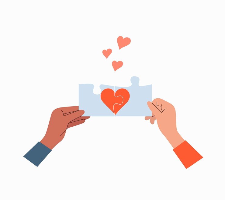 Duas mãos montam um quebra-cabeça com coração Dia dos Namorados Ilustração vetorial de estilo simples