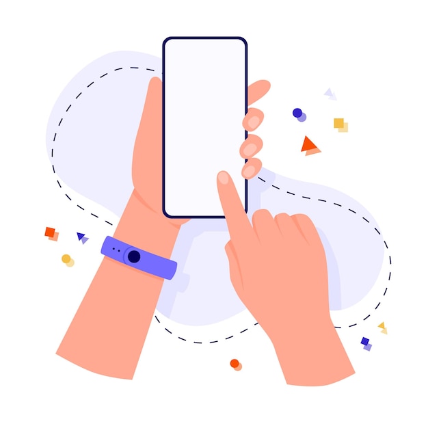 Duas mãos seguram um telefone celular com o dedo em uma tela modelo de mãos e smartphone