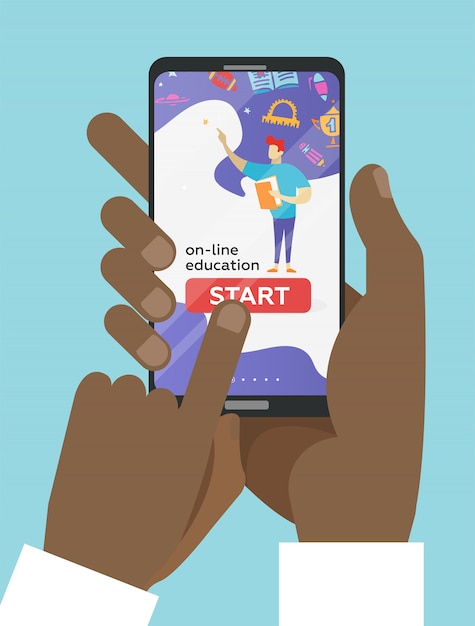 Duas mãos segurando o celular com aplicativo educacional na tela. E-learning distante. Dedo empurra o botão Iniciar
