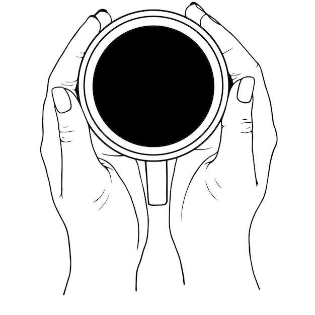 Duas mãos segurando um copo de cerâmica com café quente ou chá desenho de mão de ilustração vetorial linear