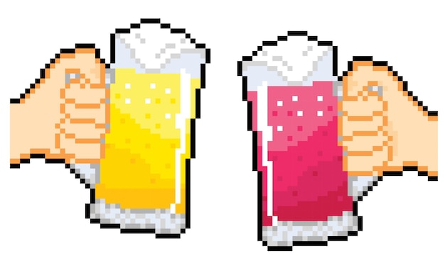 Duas mãos segurando um copo de cerveja com estilo pixel art
