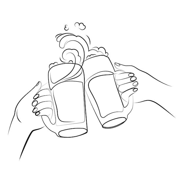 Duas mãos tilintando canecas de cerveja com um toque de espuma ilustração de desenho de linha mãos com canecas de cerveja