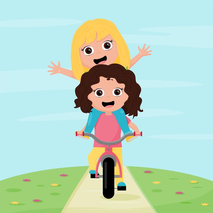 Vetor duas meninas brincam ao ar livre de bicicleta