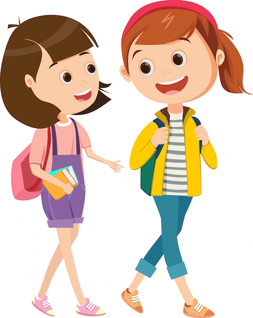 duas meninas caminhando juntos para a escola