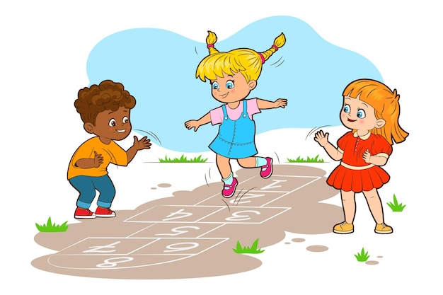 Vetor duas meninas e um menino estão pulando brincando de amarelinha. ilustração vetorial no estilo cartoon