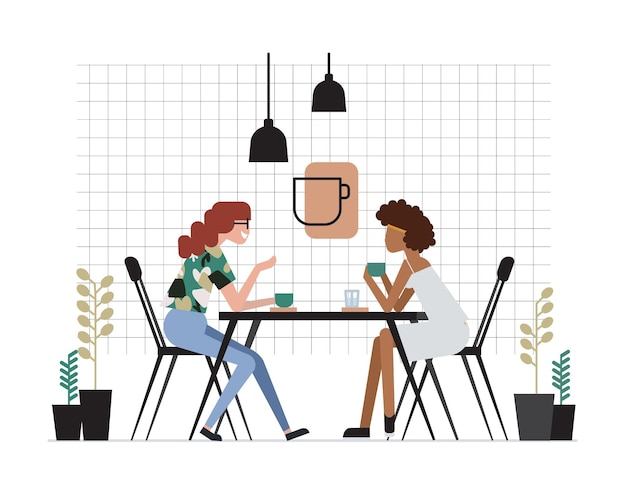 Duas meninas ou duas amigas sentadas à mesa, bebendo café e conversando. Reunião amigável e conversa no café. Personagens de desenhos animados bonitos. Ilustração vetorial colorida em estilo simples