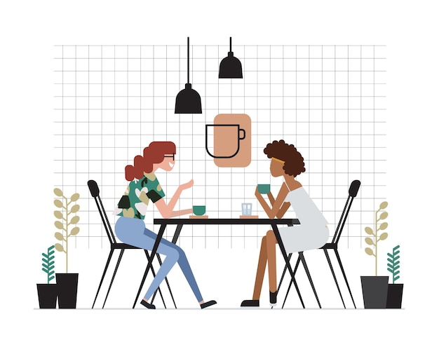 Duas meninas ou duas amigas sentadas à mesa, bebendo café e conversando. reunião amigável e conversa no café. personagens de desenhos animados bonitos. ilustração vetorial colorida em estilo simples