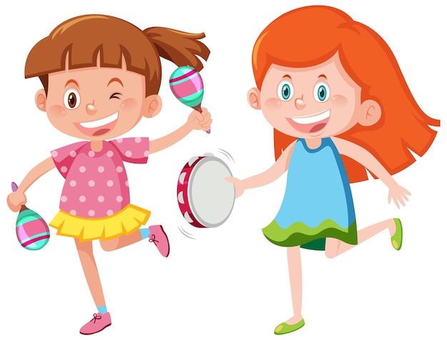 Duas meninas tocando maracas e pandeiro