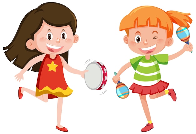 Duas meninas tocando maracas e pandeiro