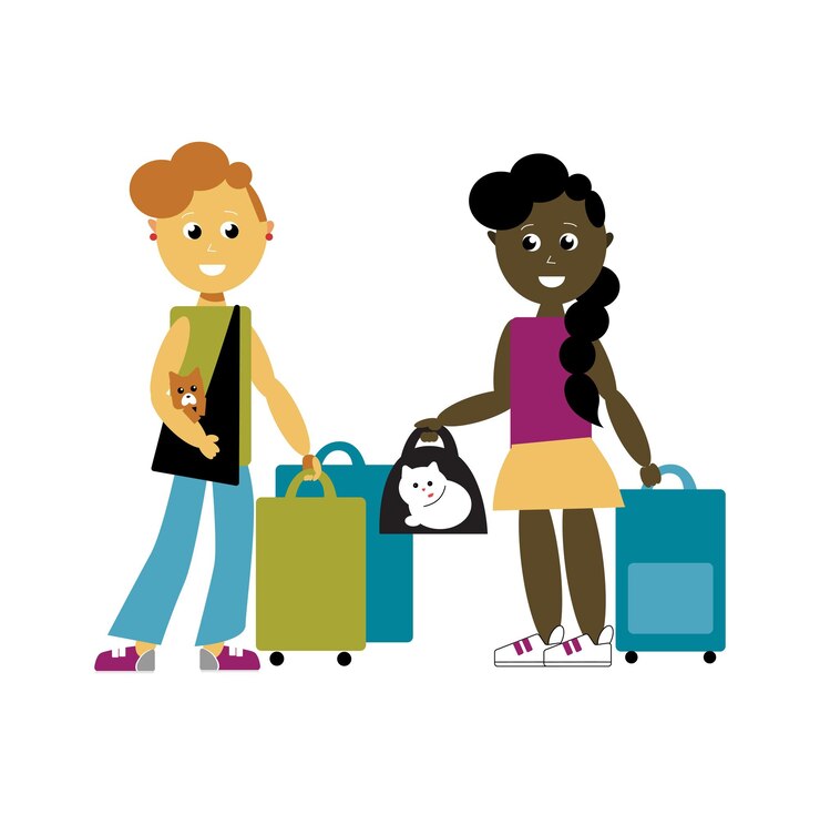 Vetor duas meninas viajam com seus adoráveis animais de estimação, o gato branco em uma transportadora preta e o cachorrinho marrom em uma bolsa. eles têm algumas malas coloridas