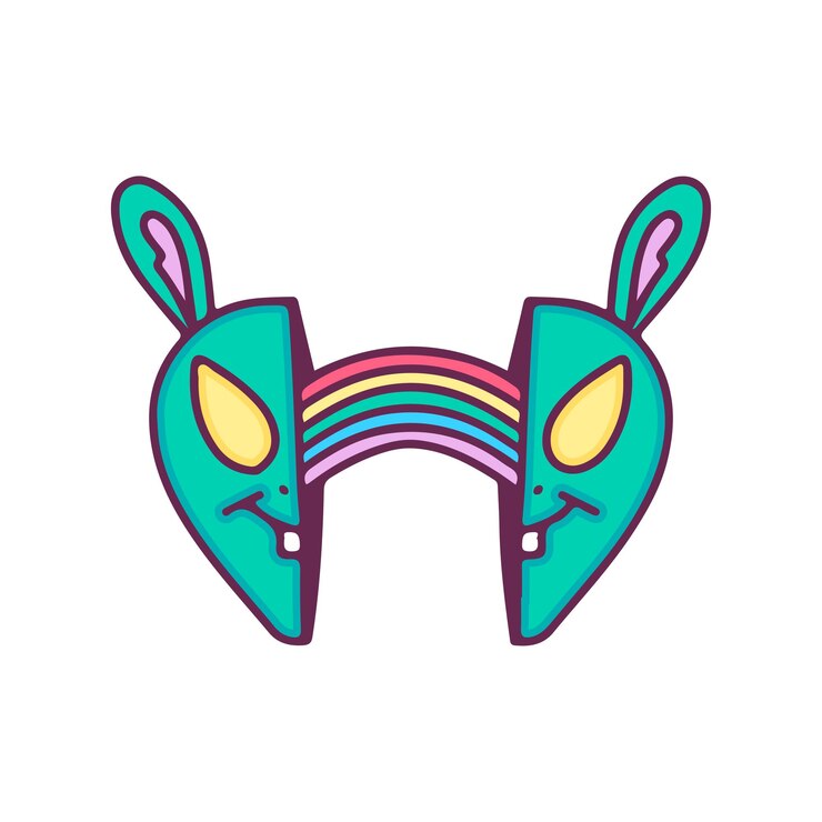 Vetor duas metades da cabeça alienígena de coelho com arco-íris dentro, ilustração para camiseta, roupa de rua, adesivo.