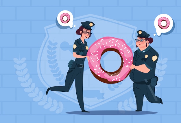 Duas mulheres de policial segurando donut vestindo uniformes femininas guardas sobre fundo de tijolos azuis