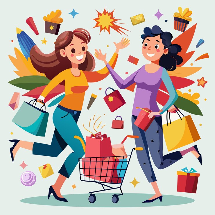 Vetor duas mulheres felizes a fazer compras com um carrinho de compras cheio de sacos