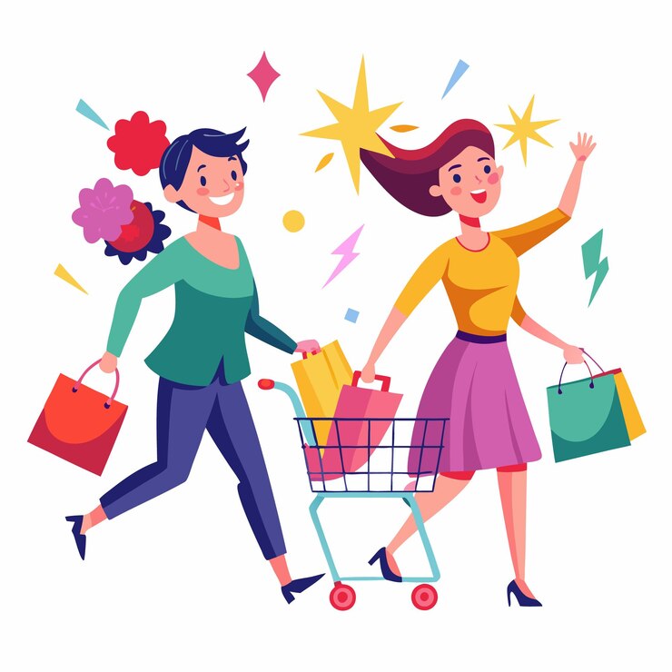Vetor duas mulheres felizes estão fazendo compras e andando com um carrinho de compras cheio de sacos