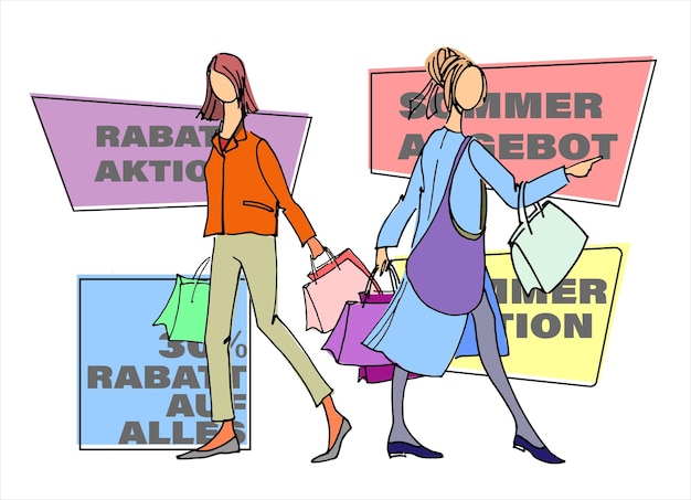 Vetor duas mulheres jovens com sacos de compras ilustração vetorial desenhada à mão com sinais de vendas de verão em alemão na parte de trás o texto em alemão diz venda de verão oferta de 30 por cento de desconto em tudo venda de verão