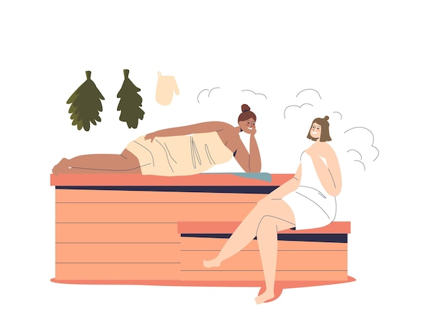 Duas mulheres relaxam na sauna ou banya vestindo toalhas e deitadas em bancos de madeira, desfrutando de um fluxo de água quente e um procedimento de spa. Ilustração em vetor plana dos desenhos animados