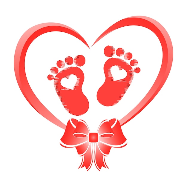 Vetor duas pegadas de bebê no coração com um laço. o símbolo do recém-nascido no coração. ícone de recém-nascidos,