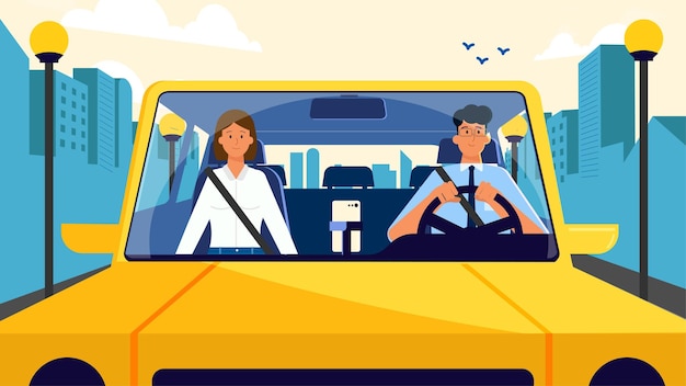 Duas pessoas a conduzir numa ilustração da cidade