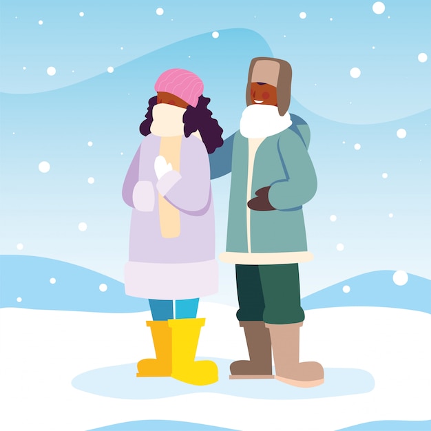 Duas pessoas com roupas de inverno na paisagem com neve