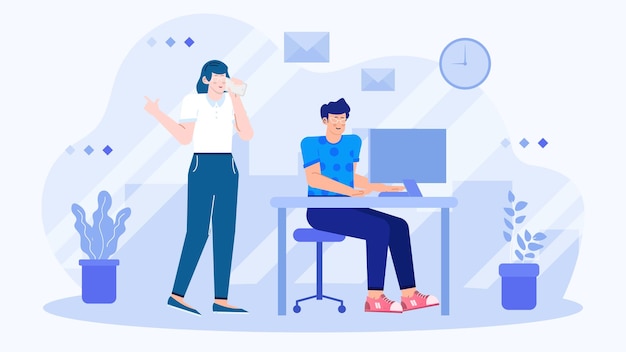 Duas pessoas em uma equipe de negócios estão falando sobre negócios em um espaço de coworking moderno e criativo