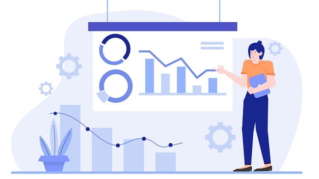 Duas pessoas em uma equipe de negócios fazendo uma apresentação sobre o aumento dos negócios com gráficos e gráficos no escritório