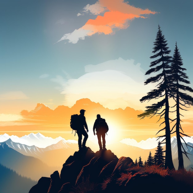 duas pessoas em uma montanha com montanhas ao fundo