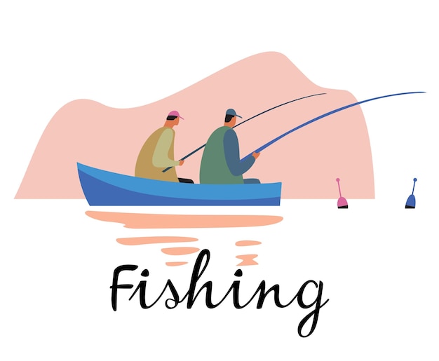 Duas pessoas estão pescando em um barco lettering fishing