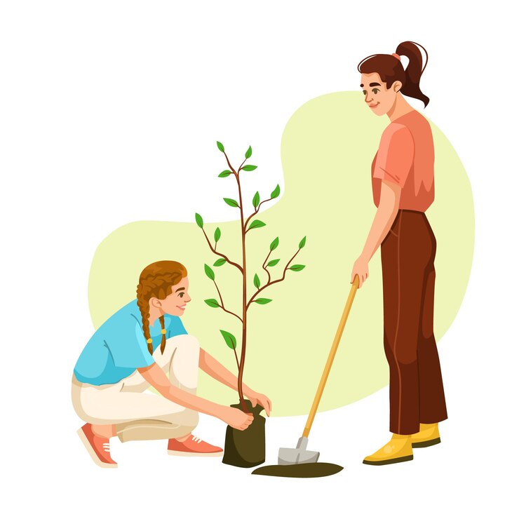 Vetor duas pessoas plantando uma árvore, uma segurando uma pequena árvore e a outra com uma pá ilustração vetorial em fundo branco conceito de jardinagem e ambiente ilustração vectorial