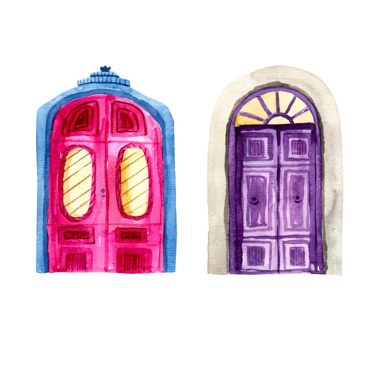 Vetor duas portas com roxo e rosa nelas, uma das quais é pintada de azul e a outra é roxa.