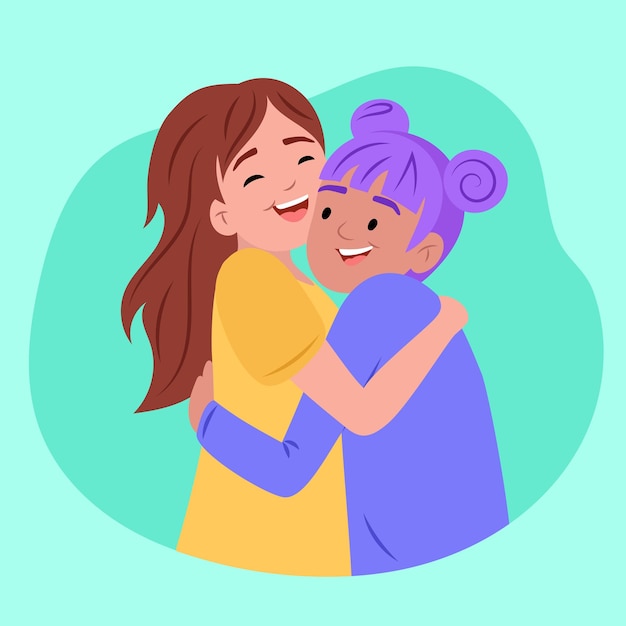 Duas raparigas felizes a abraçar-se mostrando amor e amizade.