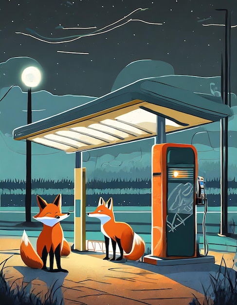 Duas raposas examinam um posto de gasolina fechado tarde da noite.
