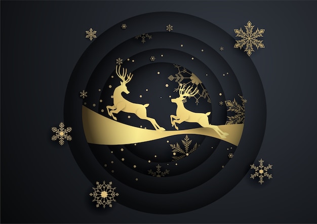 Duas renas pulam em círculo com um floco de neve dourado, feliz natal, feliz ano novo