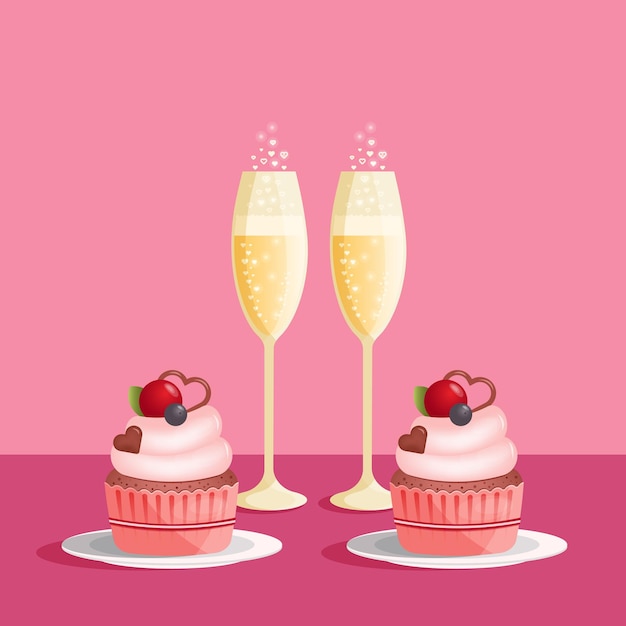 Duas taças de champanhe e cupcakes conceito de amor ilustração vetorial