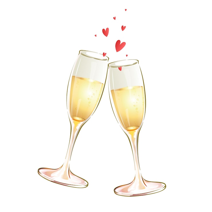 Duas taças de vidro com vinho branco e corações. Brinde festivo.