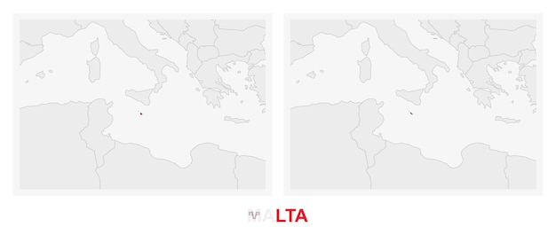 Vetor duas versões do mapa de malta com a bandeira de malta e destacadas em cinza escuro