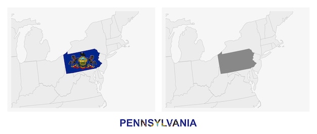 Vetor duas versões do mapa do estado americano da pensilvânia com a bandeira da pensilvônia