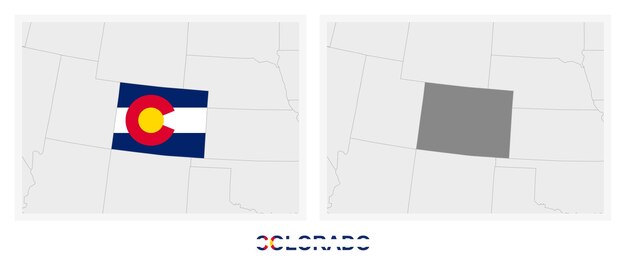 Duas versões do mapa do estado americano do colorado com a bandeira do colorado e destacadas em cinza escuro