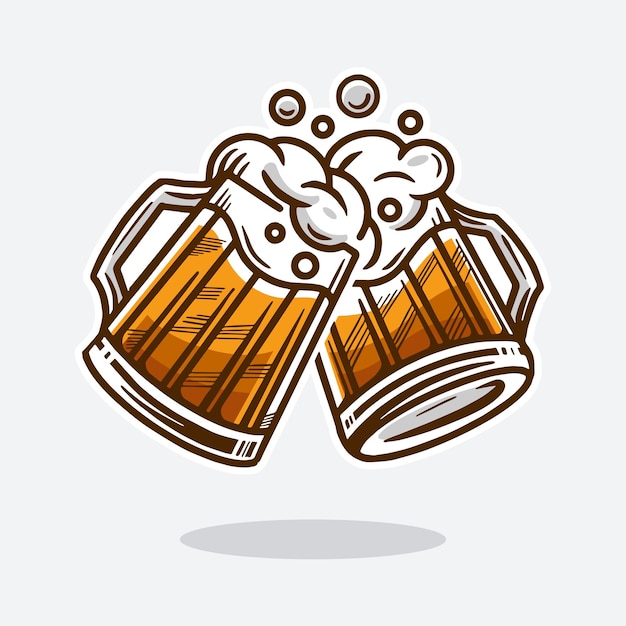 Vetor duas xícaras de cerveja ilustração vetorial bebe cerveja com muita espuma estilo de desenho animado isolado