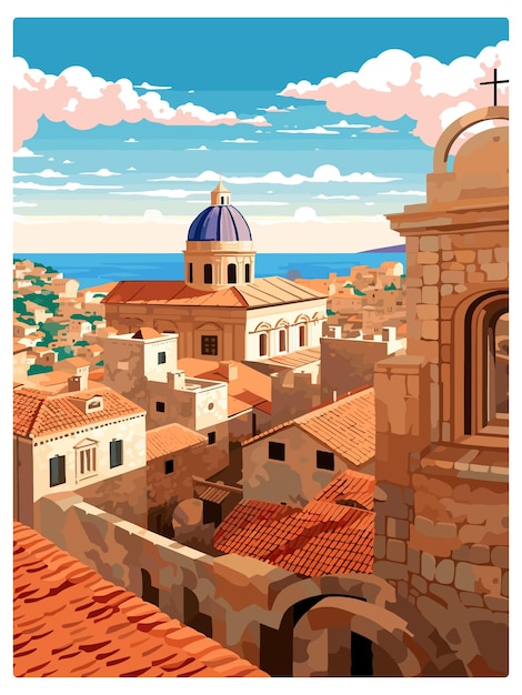 Vetor dubrovnik croácia poster de viagem vintage souvenir cartão postal pintura de retrato ilustração wpa