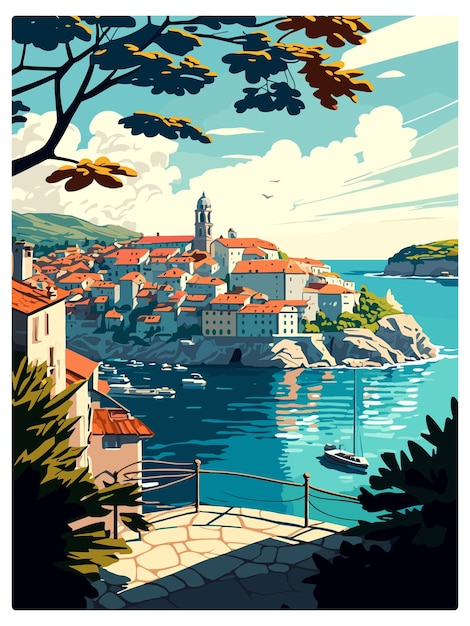 Vetor dubrovnik neretva croácia poster de viagem vintage souvenir cartão postal pintura de retrato ilustração wpa