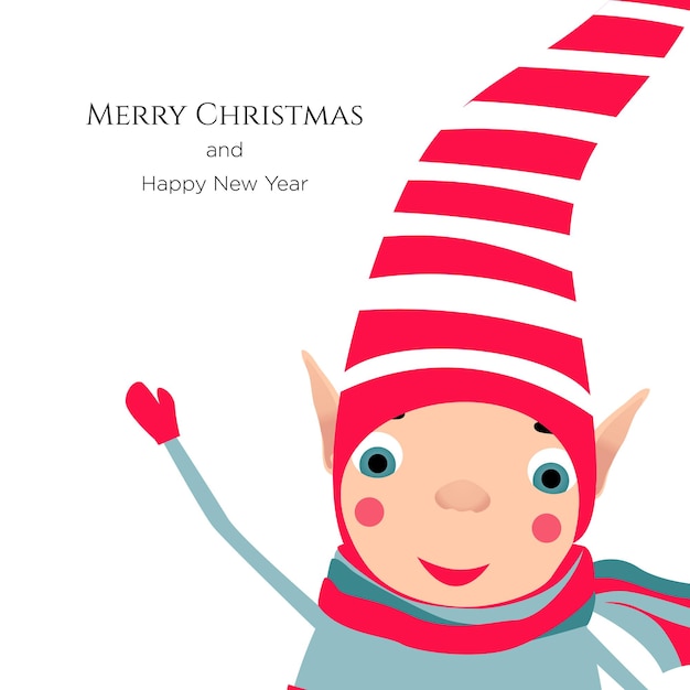 Vetor duende bonito do natal com chapéu vermelho listrado, acenando com a mão modelo para cartões de feliz natal e ano novo, banners ou pôsteres