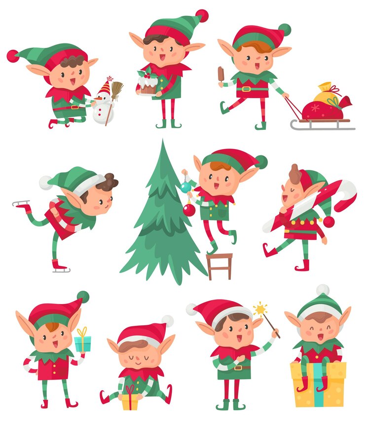 Vetor duende de natal. ajudantes de fantasia fofa do papai noel, duendes adoráveis com presentes e decorações de natal, anão feliz com véspera de natal e coleção de personagens de desenhos animados de boneco de neve