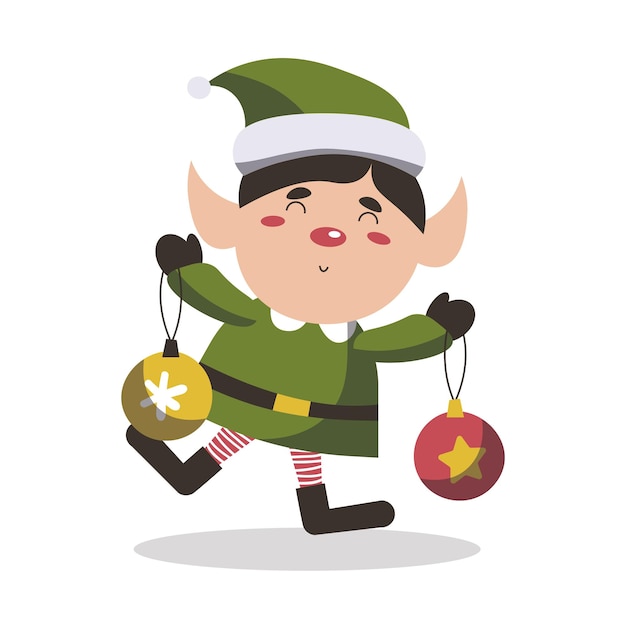 Vetor duende de natal bonito segurando bolas anão de natal infantil feliz demonstra cartaz de férias ilustração de desenho animado vetorial plana de alegre ajudante de papai noel isolado em eps branco