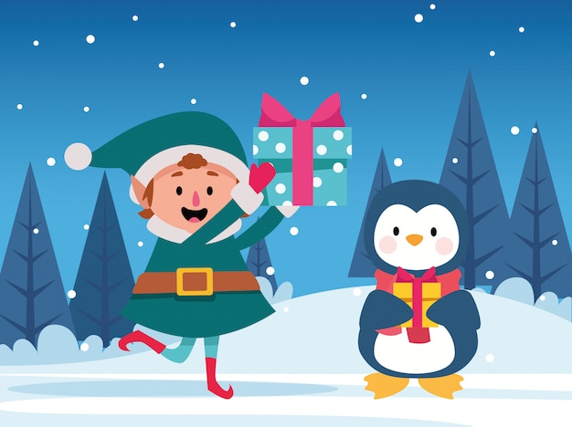 Duende de natal dos desenhos animados e pinguim bonitinho segurando uma caixas de presente